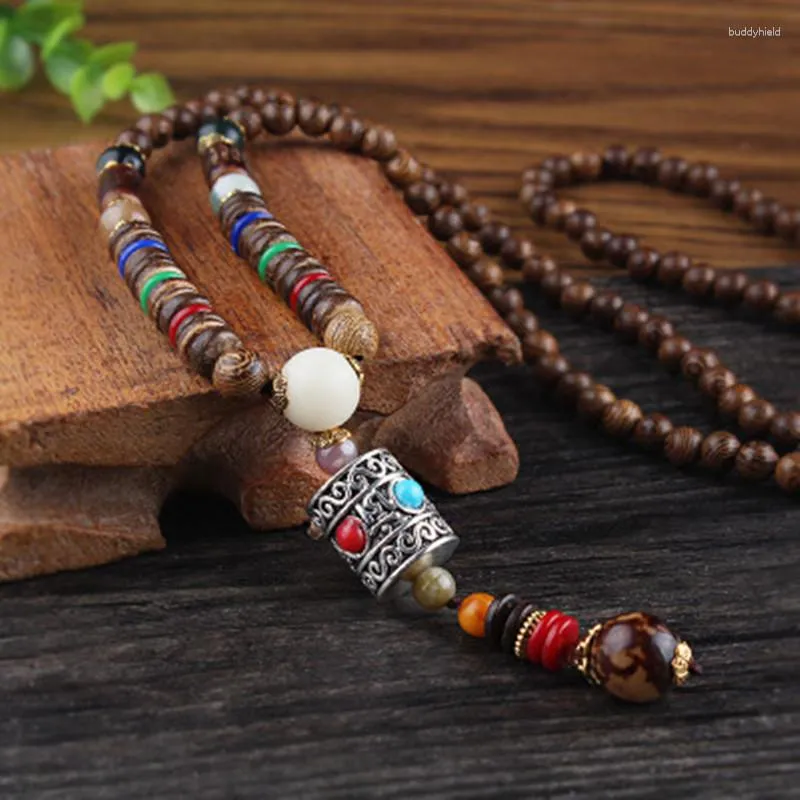 Pendant Necklaces Vintage Handmade Necklace Nepal Buddhist Mala Wood Beads & Ethnic Fish Horn Long Statement Men Women's Jewelry