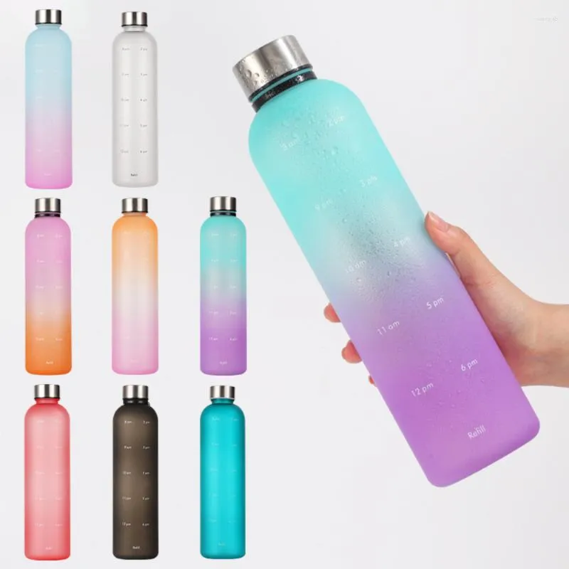 Garrafas de água 1000ml Gradient Color Space Cup Outdoor Large Capacity Frosted Sports Bottle Portable Steel Cap PC Plastic