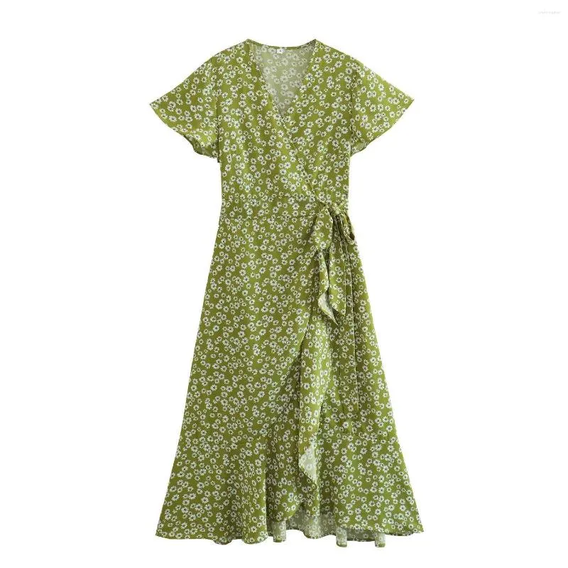 Casual Dresses Daisy Print Tail Wrapped Chip Green Kleid Sommer Trafing 2023 Frauen Y2King Vadiming Robe Maxi Midi Lolita Sexy Party