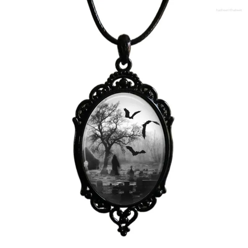 Pendentif Colliers F19D Chauve-Souris Cimetière Verre Collier Punk Choker Halloween Clavicule Chaîne Gothique Bijoux Pour Femmes Hommes