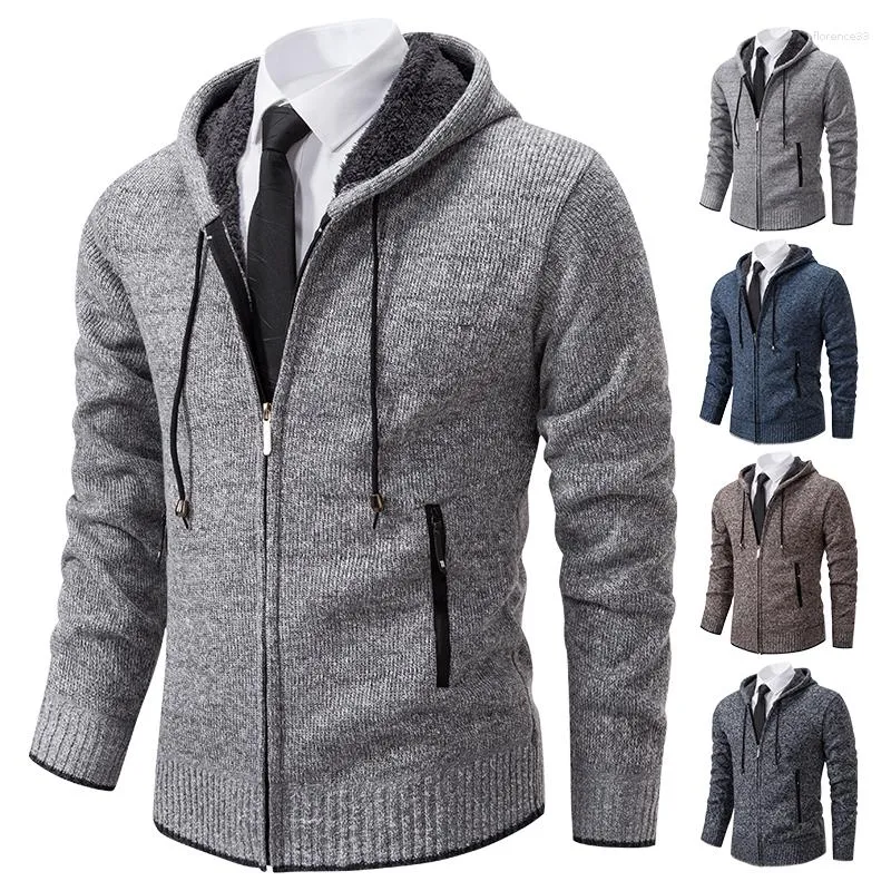 Jaquetas masculinas suéter masculino com capuz casaco de malha manga longa com zíper cardigã 2023 inverno qualidade moda masculina vintage com bolsos com zíper