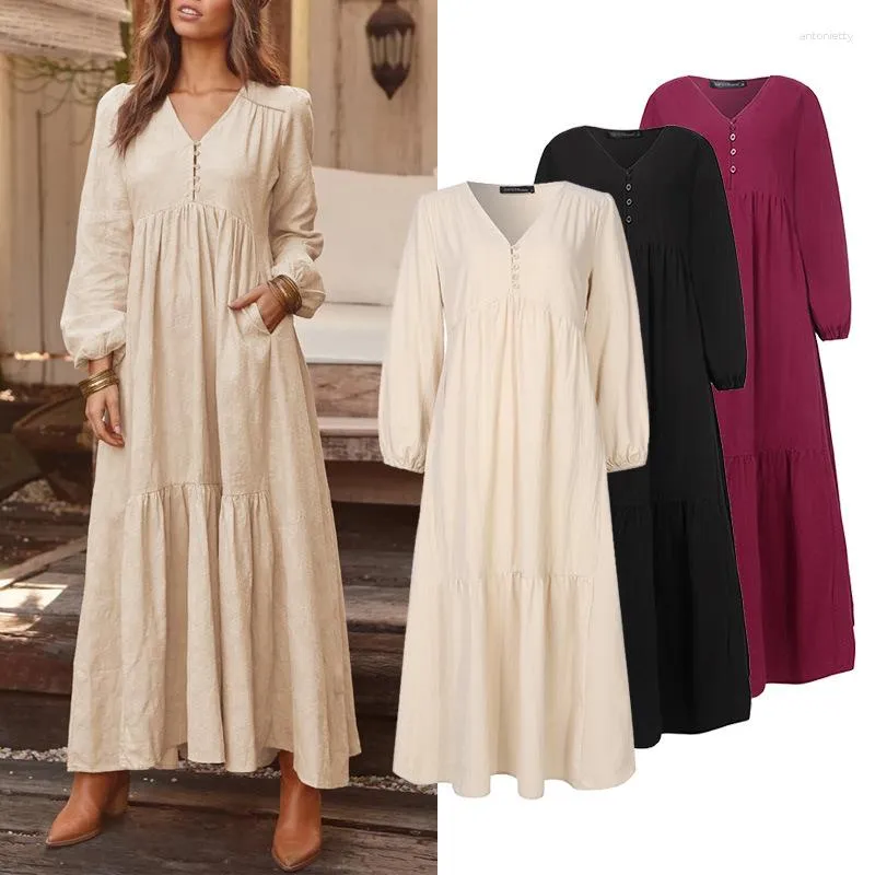 Ethnische Kleidung Bohemian Sommer Hemdkleid Damen Lang Elegant Lässig V-Ausschnitt Rüschen Rand Ärmel Tunika Dubai Robe