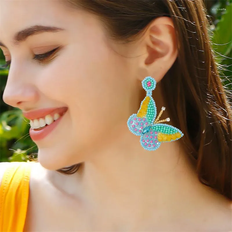 Boucles d'oreilles pendantes papillon Boho mignon perlé goutte pour les femmes à la main déclaration coloré riz perle bijoux