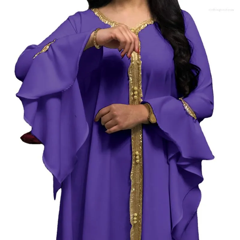 Etnische Kleding Midden-Oosterse Vrouwen Abaya Plus Size Lotusblad Mouw Geborduurde Gouden Kanten Jurk Moslim Gewaad Jalabiya