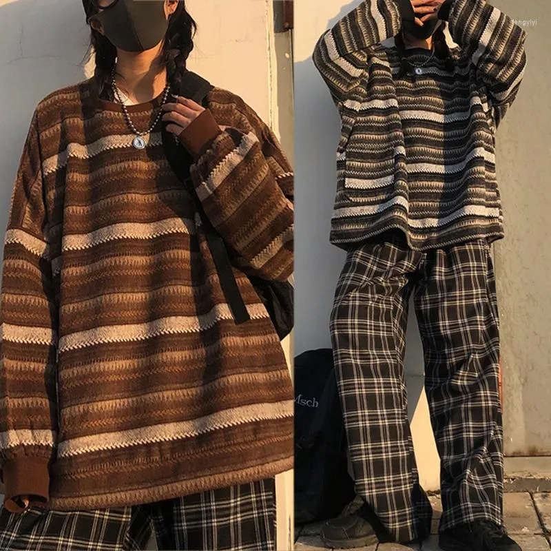 Kvinnors tröjor Kvinnor Män vintage randig långärmad tröja japansk harajuku överdimensionerad pullover tunic topp hip hop stickad wear jumper n7ye