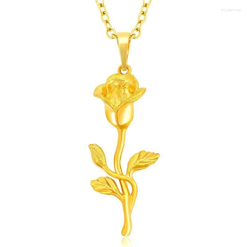 Pendentif Colliers Bijoux En Gros --- Fleurs Roses Pour Femmes Plaqué Or Pur Chaîne De 45cm