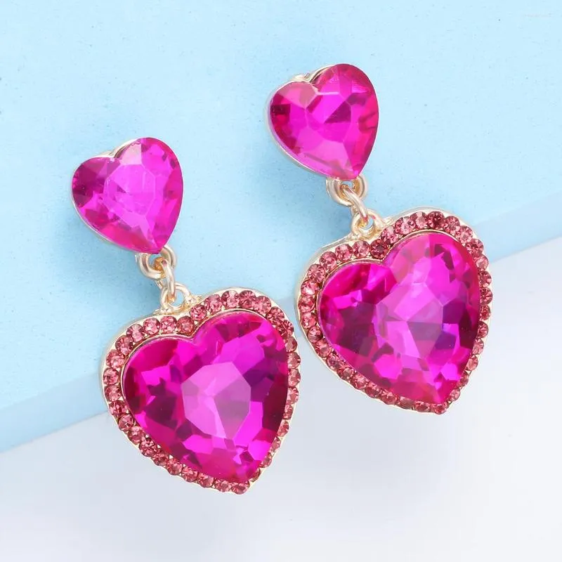Boucles d'oreilles pendantes rose mignon strass coeur à la mode charme cristal pour les femmes bijoux accessoires cadeau