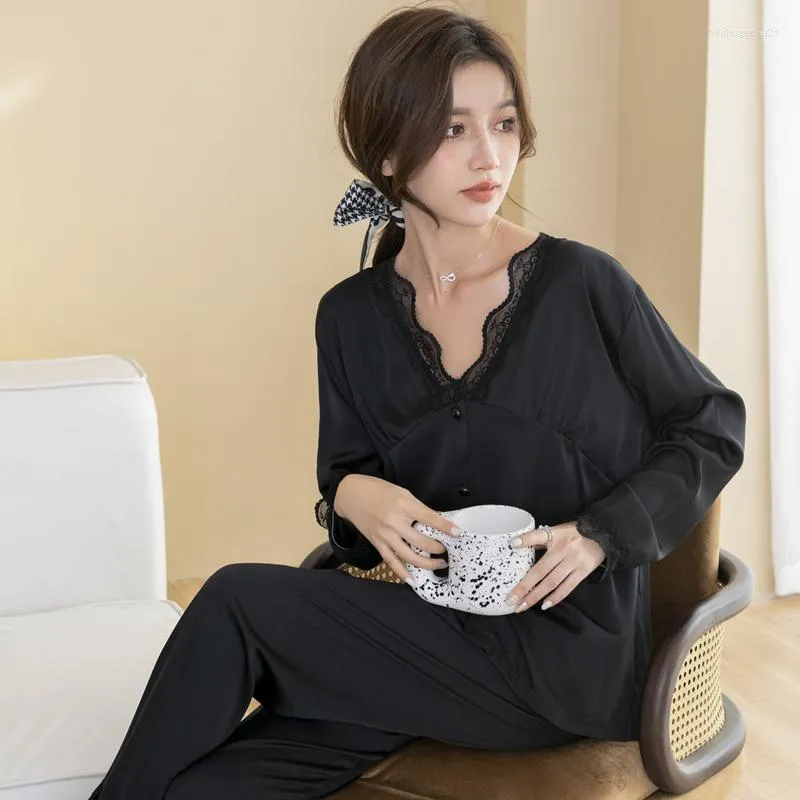 Vrouwen Nachtkleding 2023 Lente Stijl Lange Mouwen Vrouwen Pyjama Set Ijs Zijde Gedrukt Mode Pyjama Zwart Pure Kleur