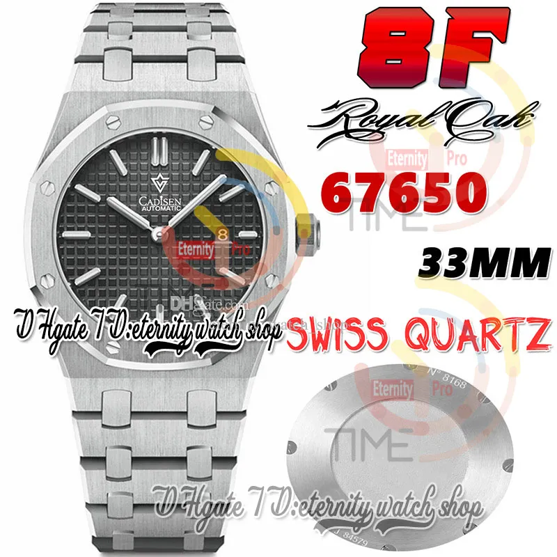 8FF bf67650 Mouvement à quartz suisse Montre pour femme Ultra mince 33 mm Cadran texturé noir Marqueurs de bâton blanc Bracelet en acier inoxydable 316L Super version montres d'éternité