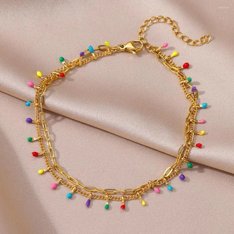 Cavigliere Perline colorate Doppio strato per donna Bracciale alla caviglia in acciaio inossidabile color oro Gioielli con catena per piede femminile