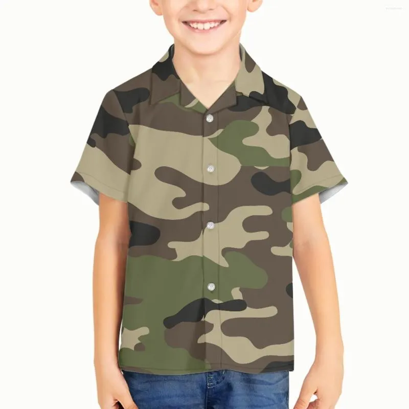 Men's Casual Shirts Camouflage Pattern Children Kid Boy Summer High Quality Hawaiian Shirt 3D Short Lapel Sleeve Hawaii Beach Party