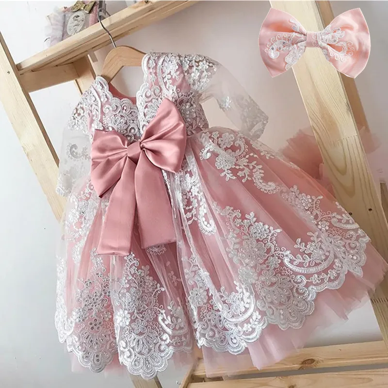 Newborn Long Sleeve Baby Girls Dress Party Wedding Bow Lace Infant Baptism  Dress | eBay