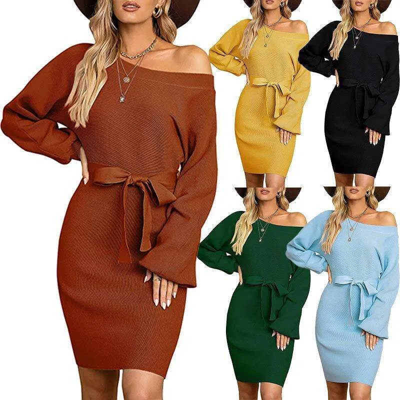 Autumn And Winter Pure Color Slim Fit Womens Long Sleeved Butt Off The Shoulder Dress Set