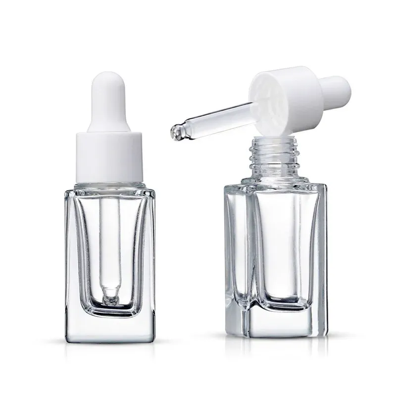 Clear Square Glass Droper Bottle Essential Oil Parfume Bottle 15 ml med vit/svart/guld/silverlock LL