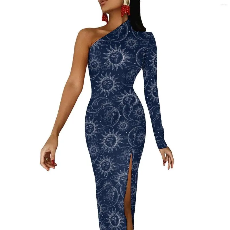Sıradan elbiseler mavi sihirli güneş vücut kılıfı bayanlar vintage göksel ay yıldızları güzel maksi uzun kollu parti grafik hediye fikir