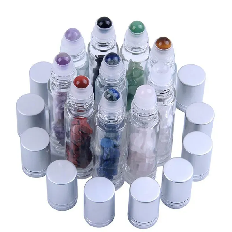 10ML Natural Crystal Stone Essential Oil Bottles Portable Gemstone Transparent Roller Ball Bottle Perfume Bottling