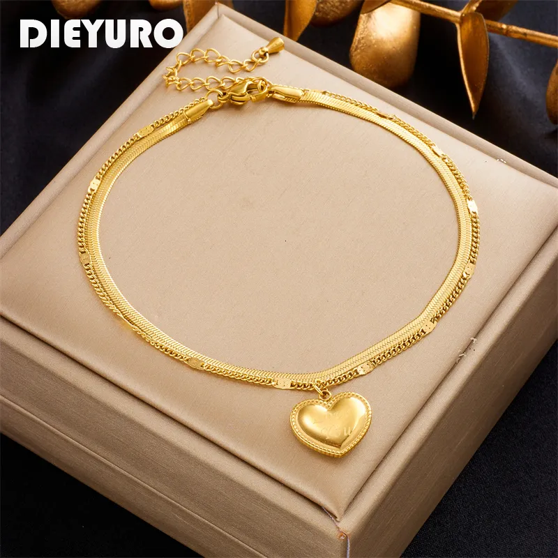 Anklets DIEYURO 316L Stainless Steel Gold Color Big Heart Charm Anklets For Women Girl Trend 2-Layer Leg Chain Jewelry Gift Party 230731
