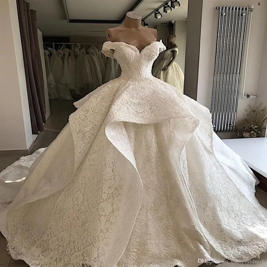 Actual Pos Dubai Arabisch Prinzessin Ballkleid Brautkleider Luxus Schulterfrei Spitze Appliziert Hofzug Brautkleid Braut 255n