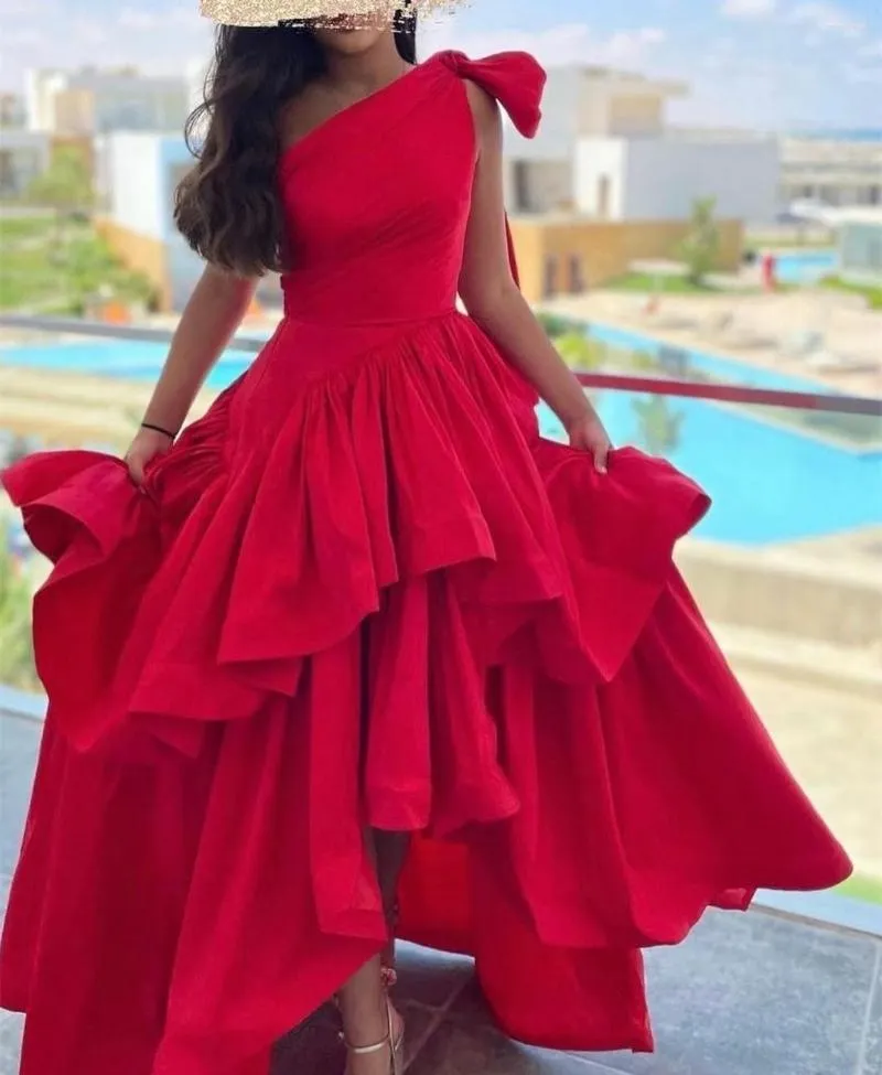 Vestidos de Festa Vermelho Tafetá Coquetel Hoco Para Meninas Adolescentes Assimétrico Hi-Lo Um Ombro Vestido de Noite Feminino Sukienki Koktajlowe