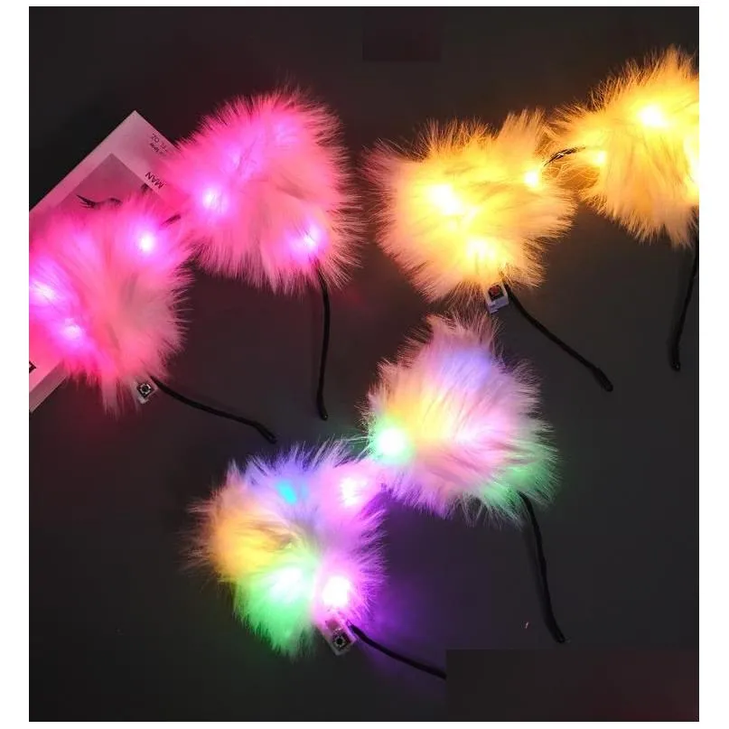 Party Hats Flash Cat Long Fur Ears Headband Hat Cosplay Costume Glowing Hairband Led Plush Hair Hoop Headdress For Women Girl White Dr Dhlxq