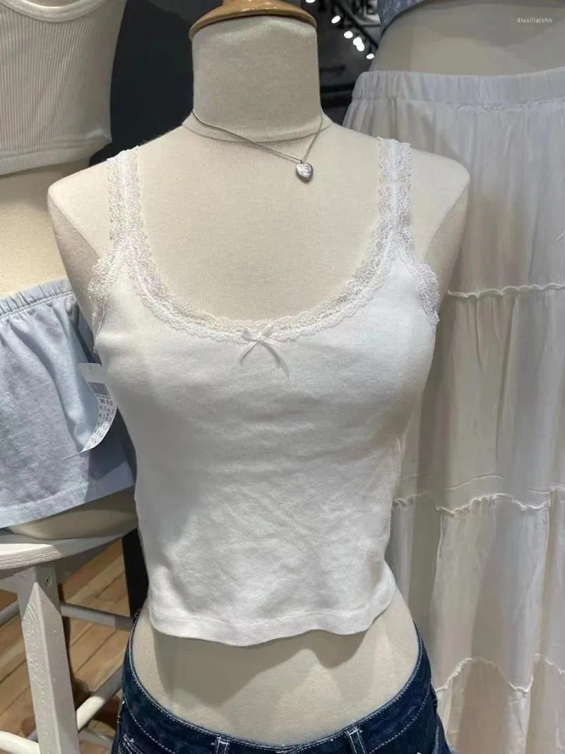 Débardeurs pour femmes Dentelle Blanc Doux Mignon Crop Top Pour Femme Sans Manches Arc Coton Mince Camisoles D'été Décontracté Simple Y2k Style Preppy Débardeurs