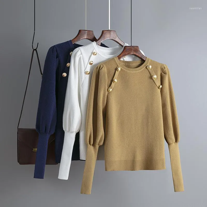 Kadın Sweaters Hlbcbg Sonbahar Kış Dört Renk İnce Bel Sulağı 2023 O-Neck All-Match Sweater Puff Sleve Yumuşak Sıcak Üstler