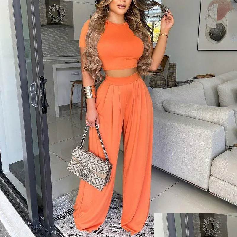 Women'S Two Piece Pants Womens Homewear Summer Women Y Wear Suit Sets Solid Plus Size Round Neck Plain Short Sleeve Crop Top Wide Leg Dhvow