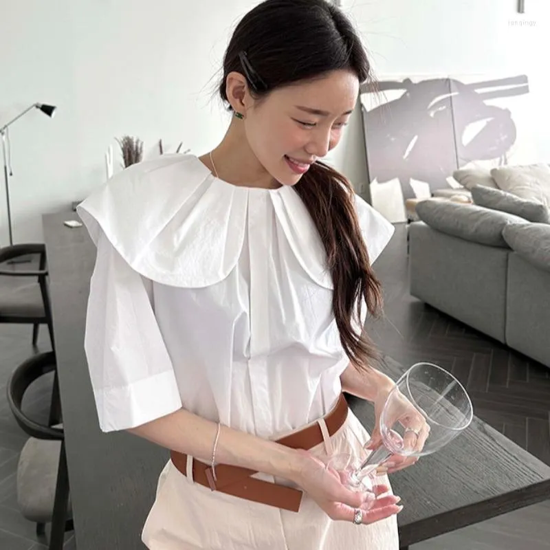 Women's Blouses Girls' Feeling Doll Neck Shirt Korean Chic Summer Top Reduced Age Retro Loose Short Sleeve Style Versatile