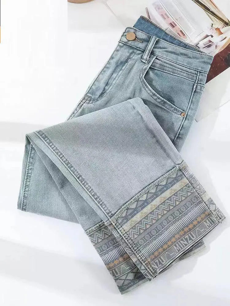 Jeans Donna Primavera/Estate 2023 Cotone Leggero Arricciato Pantaloni Gamba Dritta Vita Alta Elastico Retro Versatile