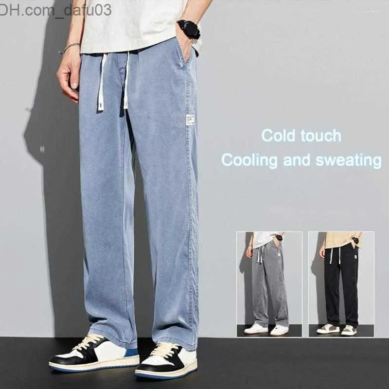 Men's Jeans Men's Jeans Men Pants Mid-rise Elastic Waistband Drawstring Pockets Thin Solid Hip Hop Straight Wide Leg Denim Daily Garment Z230801