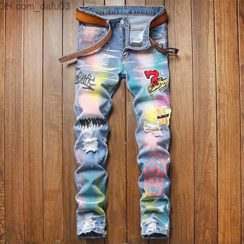 Мужские джинсы мужские джинсы джинсы джинсы Homme Печать брюки Hombre Jeans Men Pants Slim Denim Tro 220823 Z230801