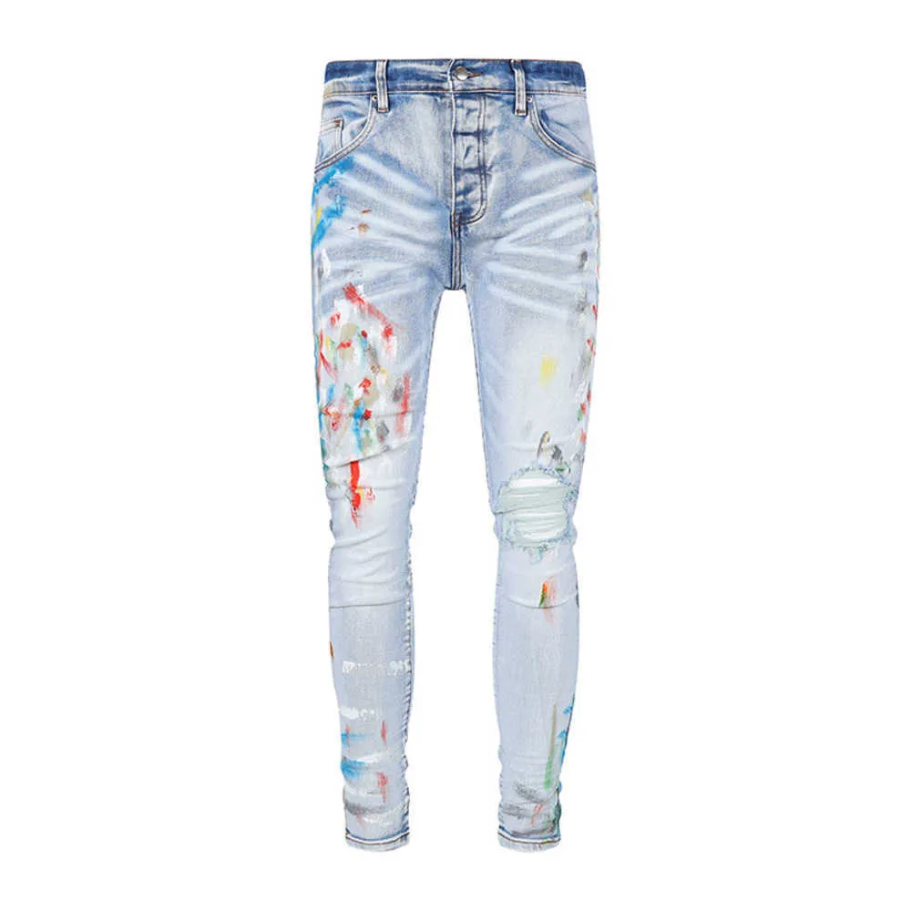 Jeans de grife jeans europeu rasgado jeans masculino bordado acolchoado dobra costura design motocicleta equitação legal calça fina roxa para mulheres masculinas Jeanseo4iavuq