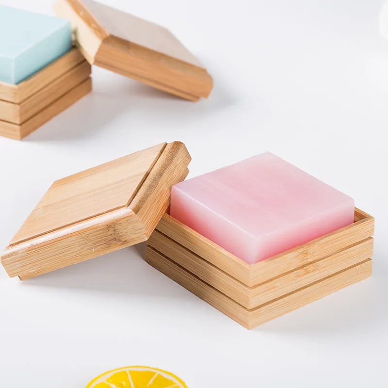 Natural Bamboo Square Soap Storage Boxes Wooden Soap Dish Tray Handmade Soap Case with Lid for Soap Holder Kitchen Bathroom Shower Sponges