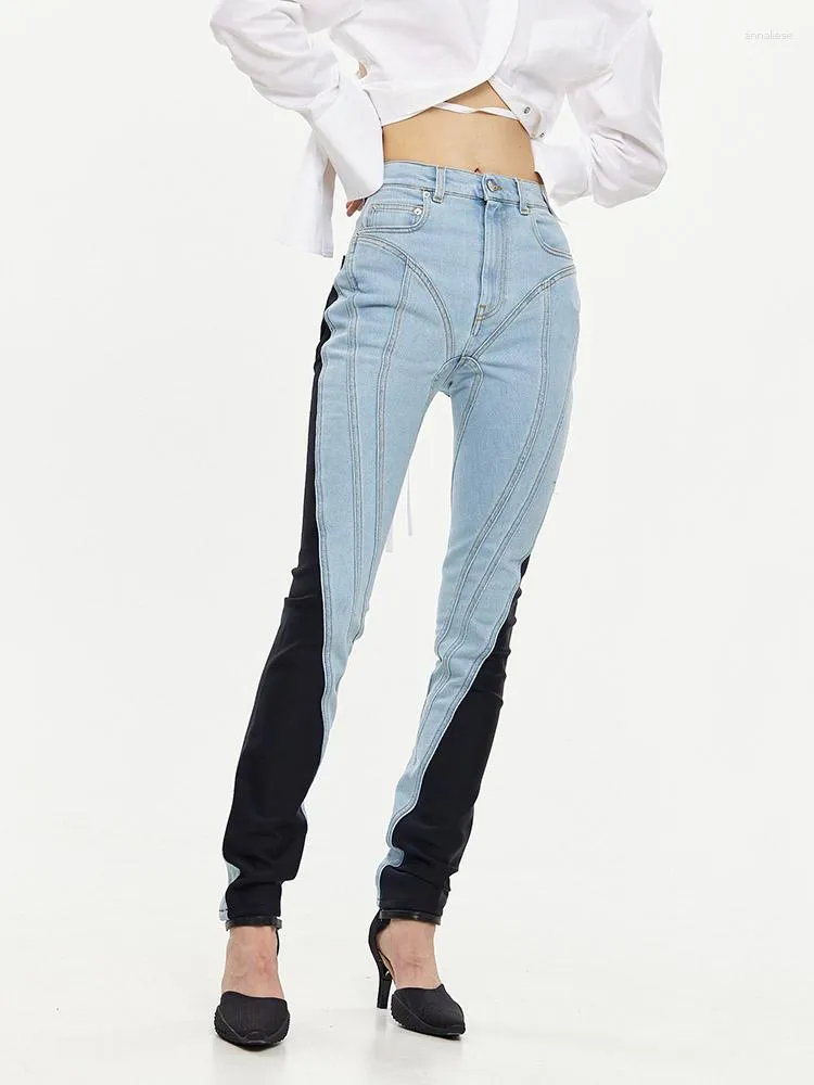 Jeans da donna 2023 Trendy Color Contrast Patchwork Skinny Stretchy Denim Matita Pantaloni Donna Vita alta Bodcyon lavato ZN227