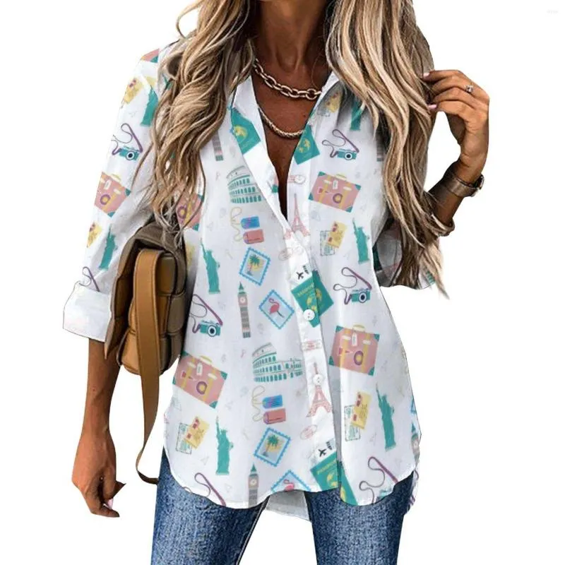 Damesblouses Reizen Vakantie Vrijetijdsblouse Paspoort Vakantie Koffer Esthetisch ontwerp Lange mouw Basisoverhemden Zomer Oversized tops