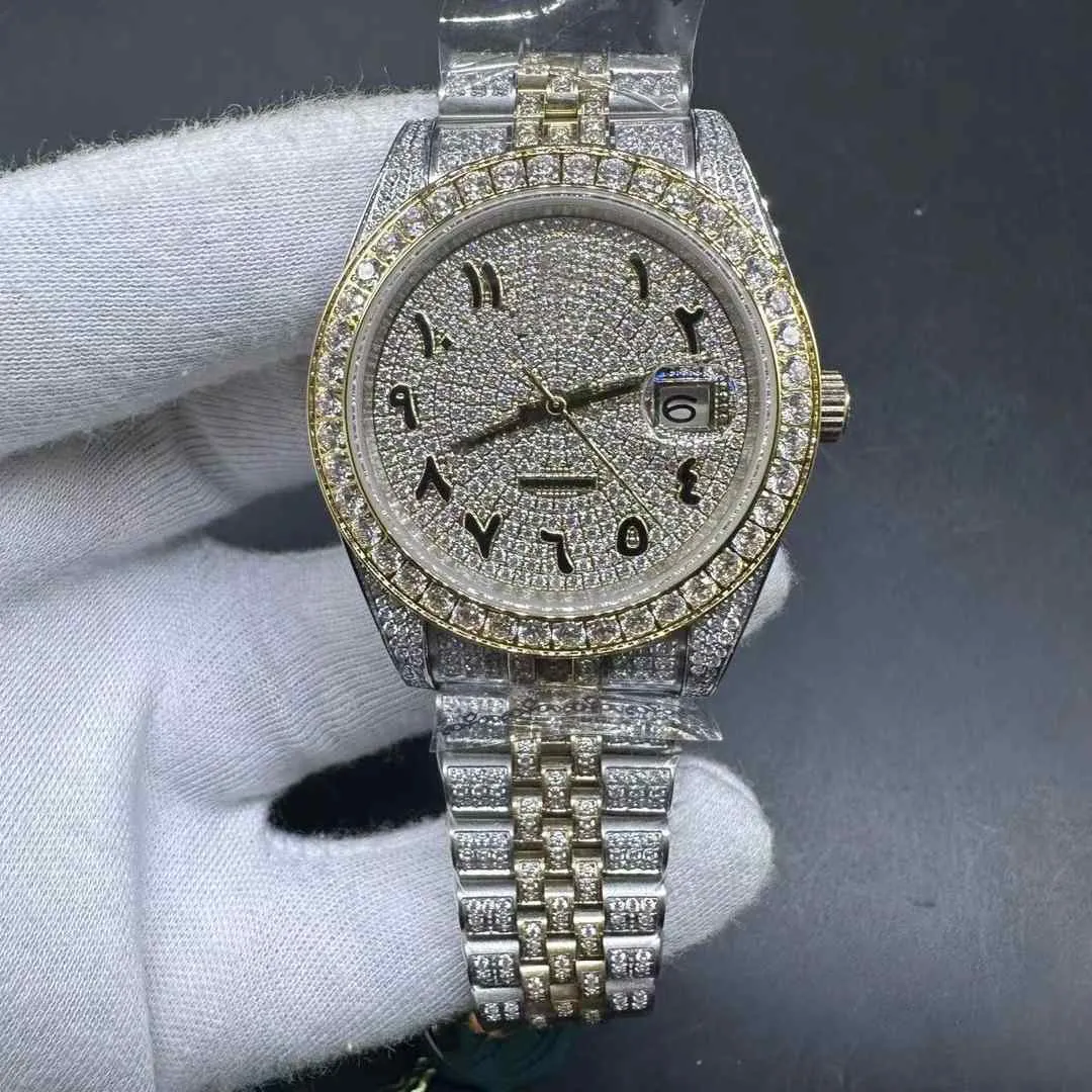 Mens Yellow Gold 2 Tone Watch With Full Vvs Diamond Chain, Arabic Dial, CZ  Stones, And Shiny Bracelet Case 41mm From Peter_brands, $293.27