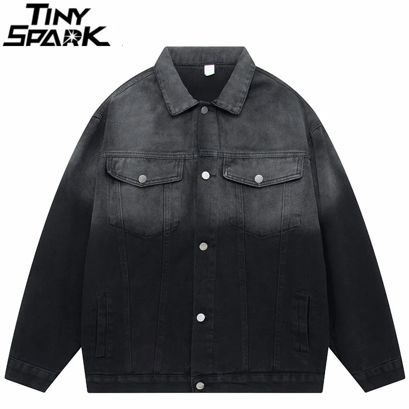 Mens Jackets Men Streetwear Vintage Denim Jacket Gradient Color Jeans Harajuku Retro Loose Bomber Coat Cotton Black Pink 230731