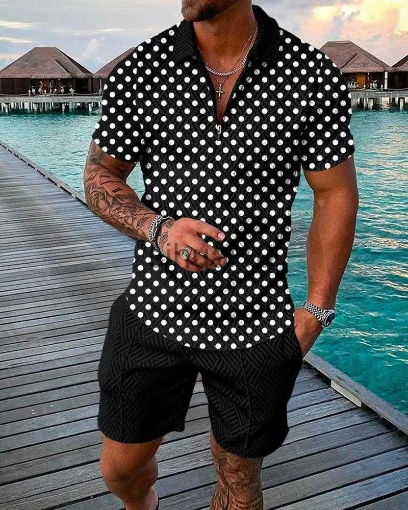 Herr t-shirts Summer Sports Suit Men 3D Printed Casual Short Sleeve T Shirt Men's Lapel Zip Polo Shirt Men's Clothing Mens Polos Tracksuit J230731