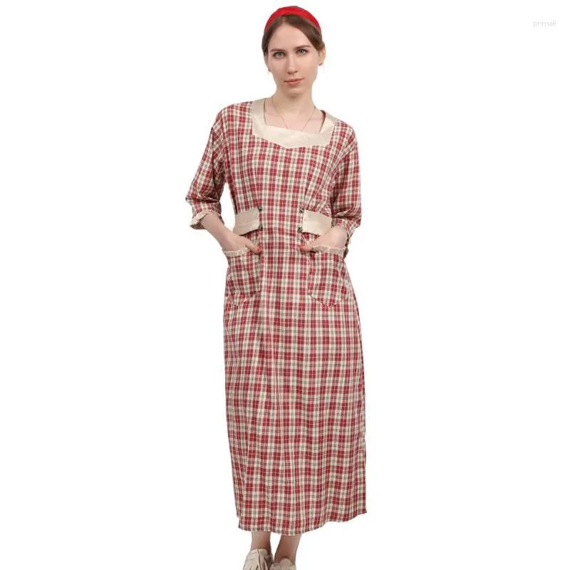 Sukienki swobodne Dazcos 2023 1920. Vintage Plaid Printed Shirt Shirda Holiday Loose Midi Vestidos 3/4 Rękaw z paskiem i kieszeniami