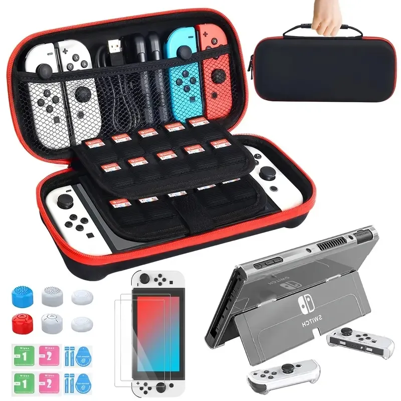 Carry Case for Nintendo Switch OLED Model , Accessories Kit with Clear Cover, Screen Protector, Thumb Grip Caps & More, Suitable for Travel and Home Storage