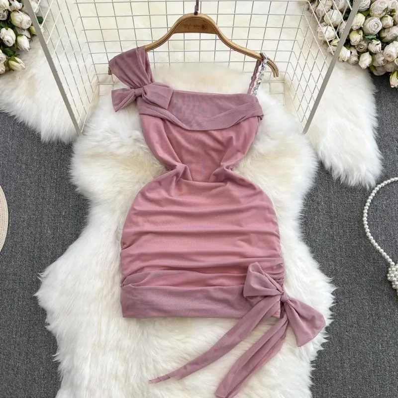 Casual Dresses Summer Women Mesh Bodycon Mini Dress 2023 Sexy Rhinestone Spaghetti Strap Bow Sleeveless Slim Stretch Folded Party Club