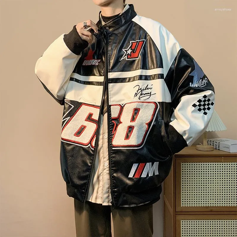 Mens Jackets Y2K Men Korean Vintage Baseball Streetwear PU Harajuku Oversize Racer Varsity Suits Motorcycle Biker Sweatshirt Clothes2024