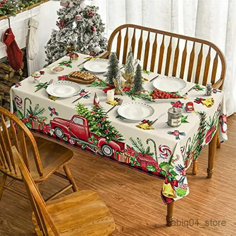 Table Cloth Christmas Pine Truck Print Tablecloth Christmas Winter Dinner New Year Gift Family Kitchen Restaurant Decoration Accessories R230823