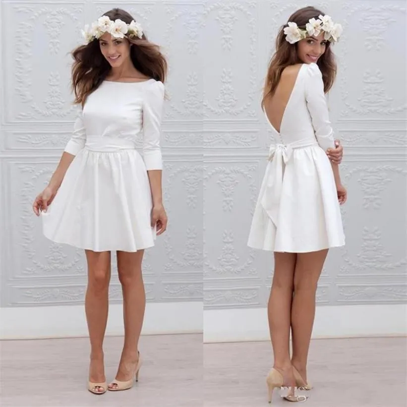 Robes de mariée courtes informelles bon marché avec 3 4 manches simples pas cher Mini réception robes de mariée blanches Sexy dos ouvert fête de mariage D287c