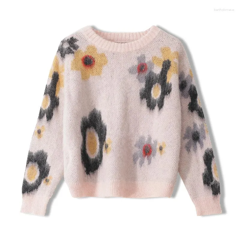 Maglioni da donna Pullover autunnali Maglione Donna Mohair Maglieria Blocchi di colore Motivi floreali Jacquard Manica lunga Casual Maglieria morbida Ragazze