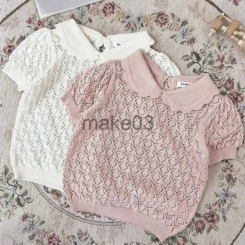 Cardigan 15Y Kids Pullovers Top Summer Baby Girls Thin Knitted Sweaters Ruffles Hollow Out Short Sleeve Kids Pullovers Tops Korean Style J230801