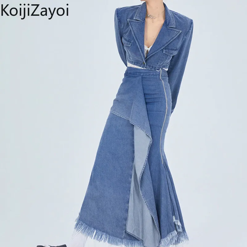 Robe deux pièces Koijizayoi femmes élégantes 2 pièces Denim ensemble décontracté à manches longues jean court Blazer manteau et taille haute Wrap jupe longue costumes 230801
