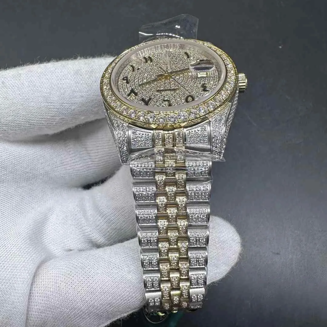 Mens Yellow Gold 2 Tone Watch With Full Vvs Diamond Chain, Arabic Dial, CZ  Stones, And Shiny Bracelet Case 41mm From Peter_brands, $293.27