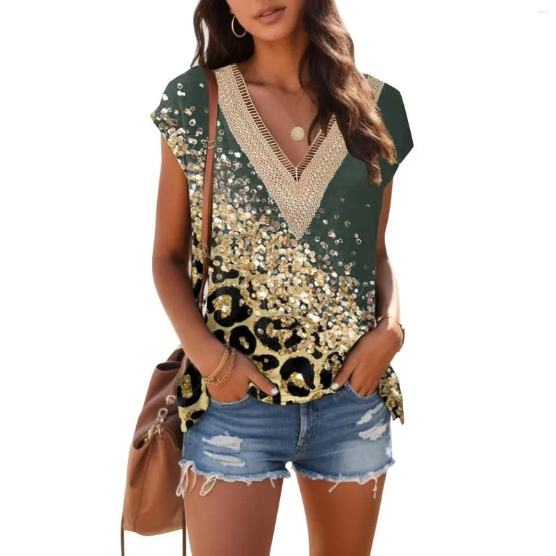 Bluzki damskie V Neck Leopard Koszulki z krótkim rękawem dla kobiet koronkowe cekiny wydrukowane Tunec Casual Tops i bluzka Blusas Summer