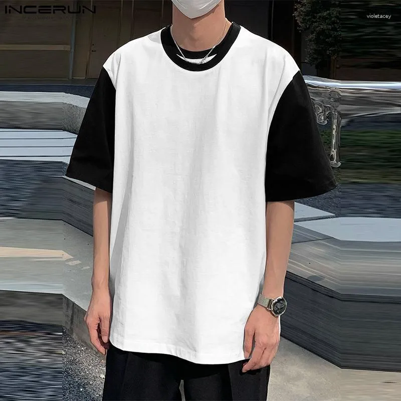 Männer T-shirts INCERUN Tops 2023 Koreanische Stil Herren BlackWhite Kontrast Nähte T-shirts Casual Männlich Doppel Hals Kurzarm Camiseta